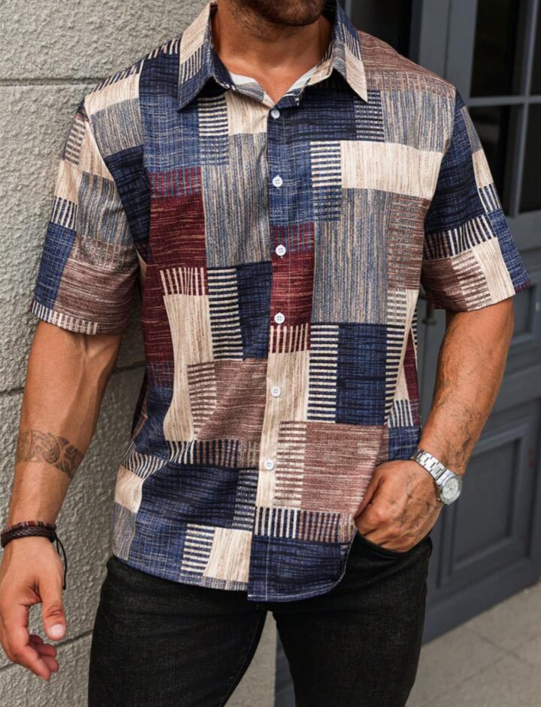 Men's Casual Geometric Patchwork Printed Half Sleeve Shirt